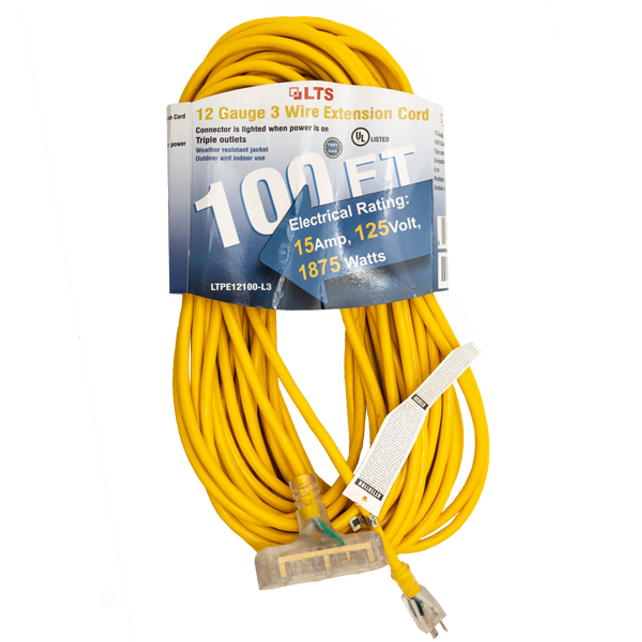 LTPE12100-L3,Yellow, Power Extension Cord,100ft,Triple outlet